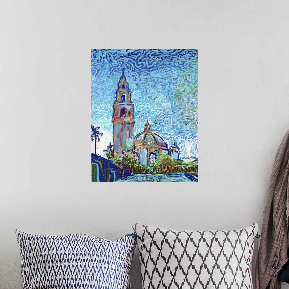 A bohemian room featuring Vibrant impressionist style art work of The California Building - Museum of Man in Balboa Park.  ...