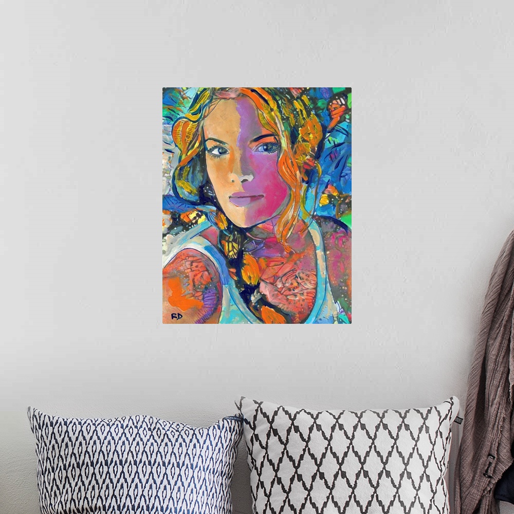 A bohemian room featuring A surreal portrait of a woman in ponytails and a tank top with butterfly wings and bold color.
