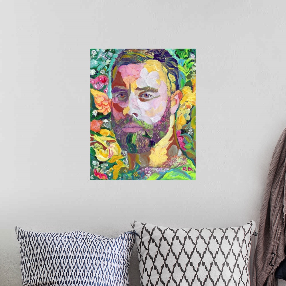 A bohemian room featuring Painting of a handsome bearded man surrounded by florals, splashes and pops of color.