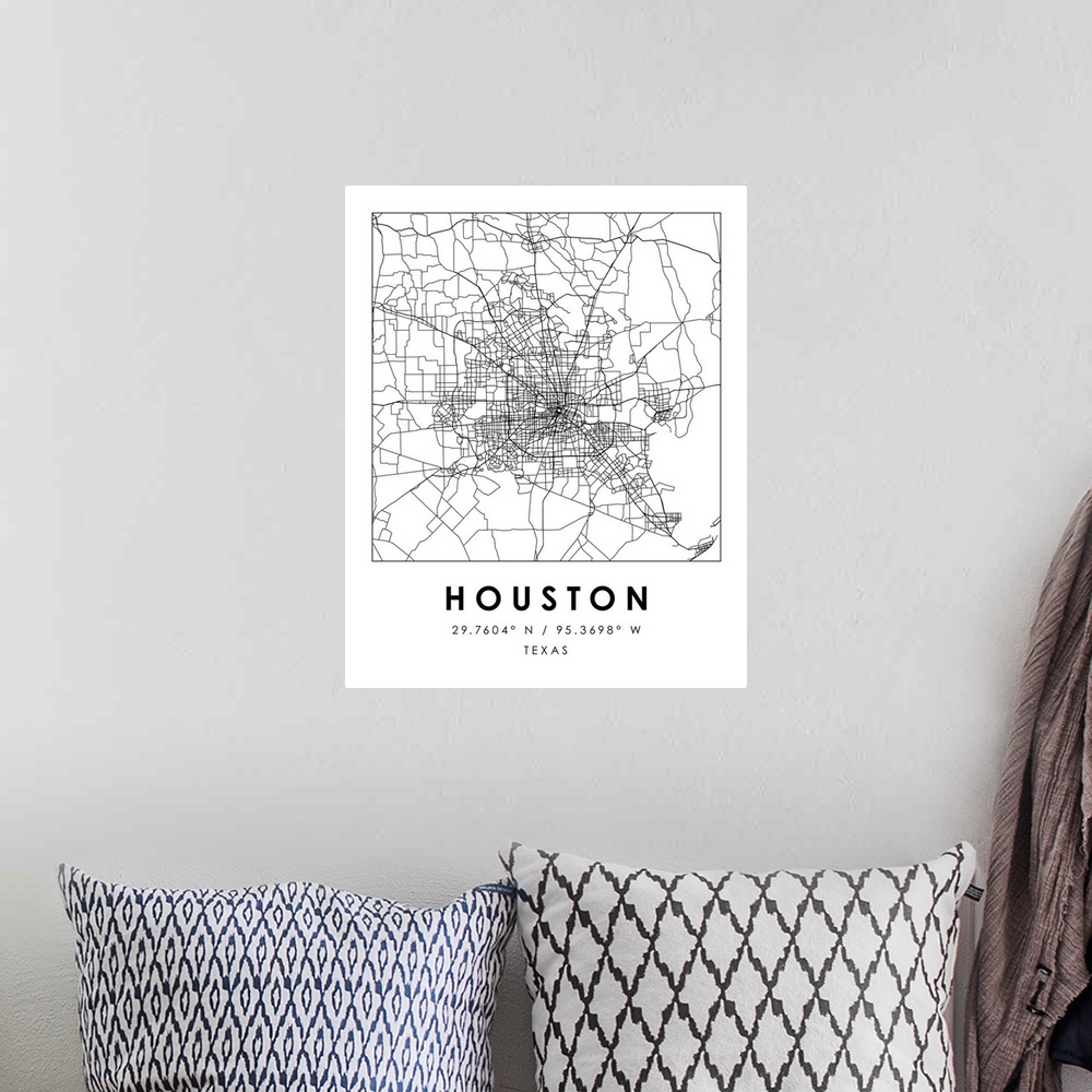 A bohemian room featuring Black and white minimal city map of Houston, Texas, USA with longitude and latitude coordinates.