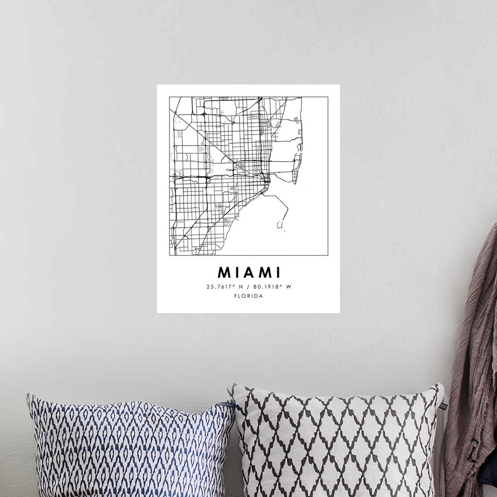 A bohemian room featuring Black and white minimal city map of Miami, Florida USA with longitude and latitude coordinates.