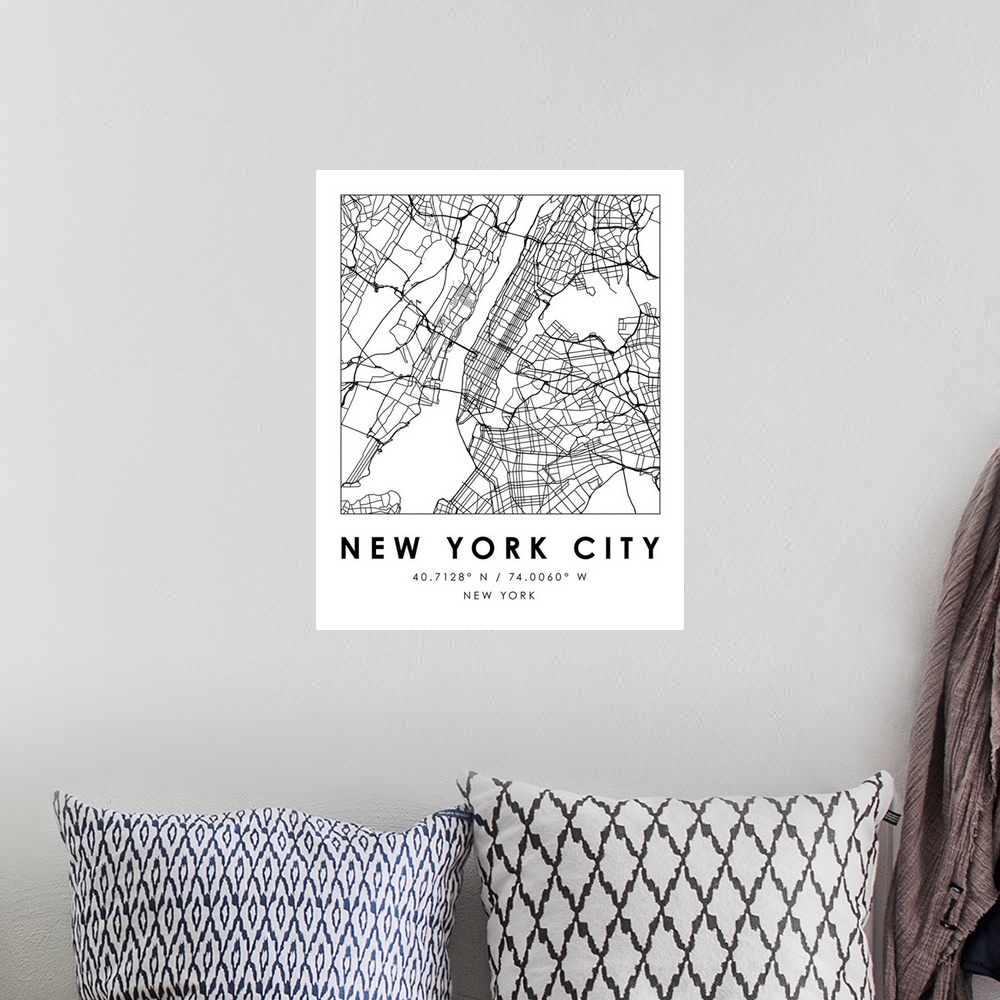 A bohemian room featuring Black and white minimal city map of New York City, New York, USA with longitude and latitude coor...