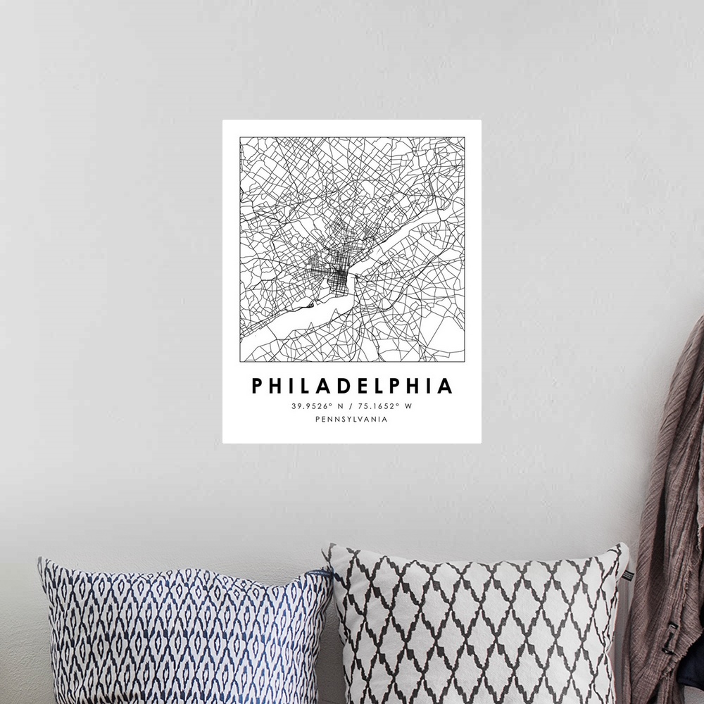 A bohemian room featuring Black and white minimal city map of Philadelphia, Pennsylvania, USA with longitude and latitude c...
