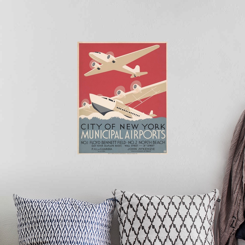 A bohemian room featuring City of New York municipal airports. No. 1 Floyd Bennett Field. No. 2 North Beach. Poster promoti...