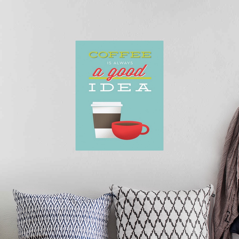 A bohemian room featuring Wall docor print of a tall and a short coffee cup on a solid background with text at the top.