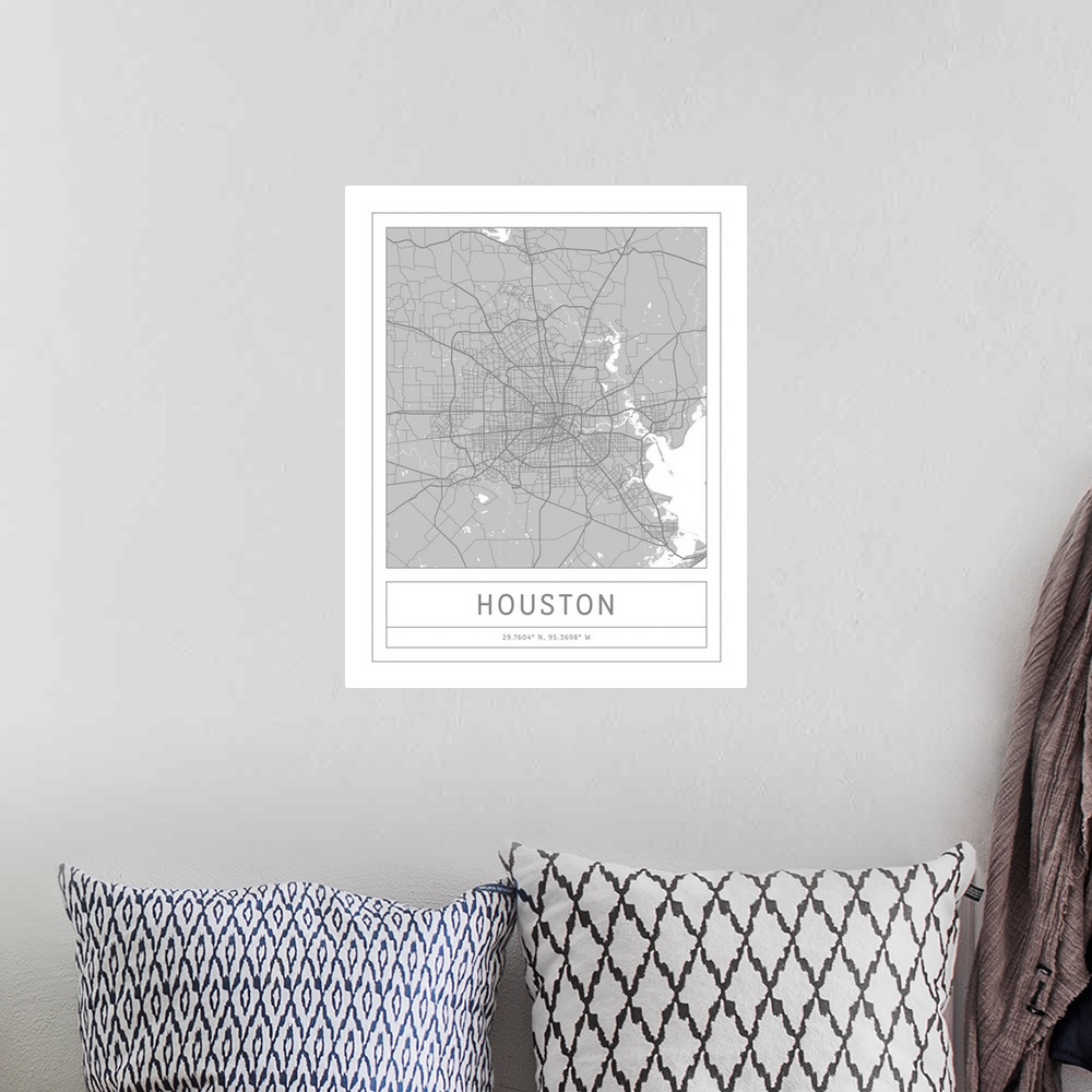 A bohemian room featuring Gray minimal city map of Houston, Texas, USA with longitude and latitude coordinates.