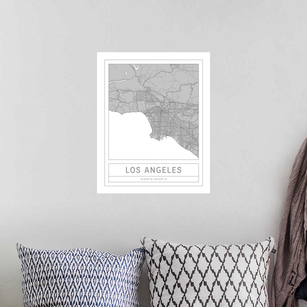 A bohemian room featuring Gray minimal city map of Los Angeles, California, USA with longitude and latitude coordinates.