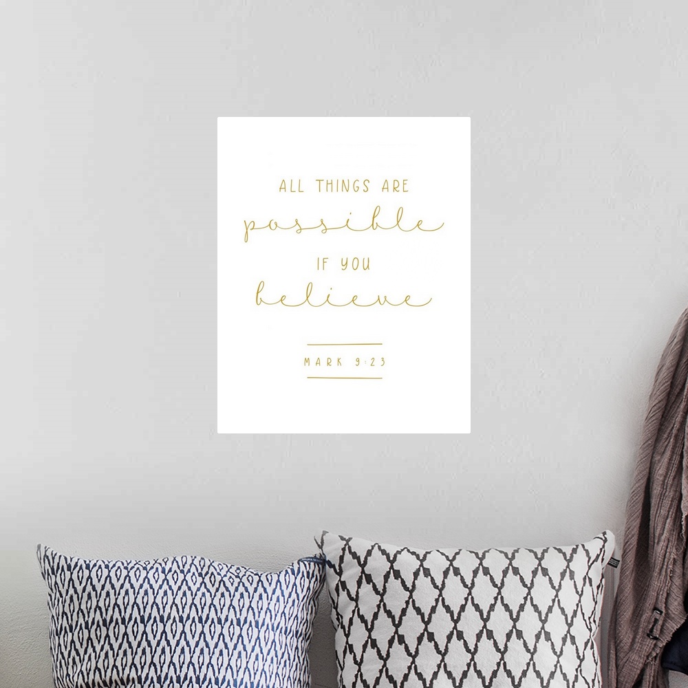 A bohemian room featuring Handlettered Bible verse reading All things are possible if you believe.