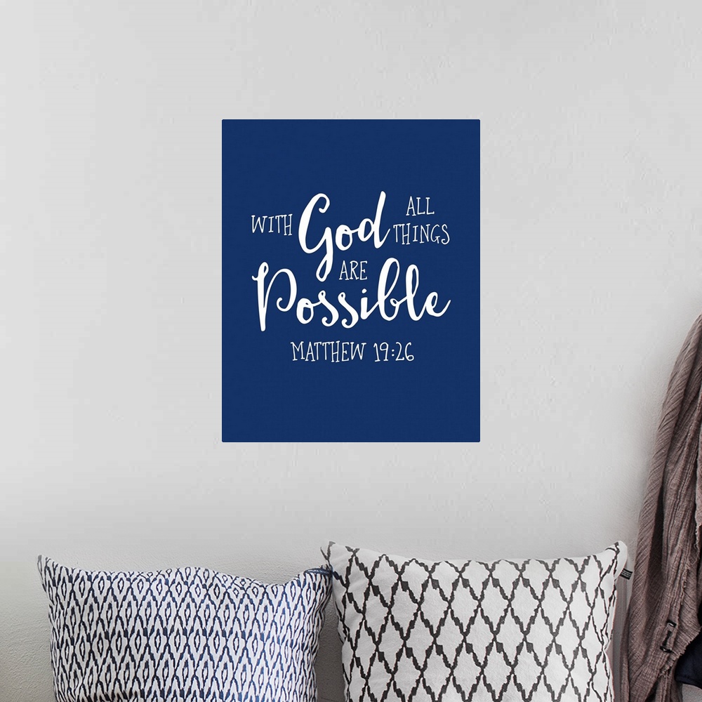 A bohemian room featuring Handlettered Bible verse reading With God all things are possible.