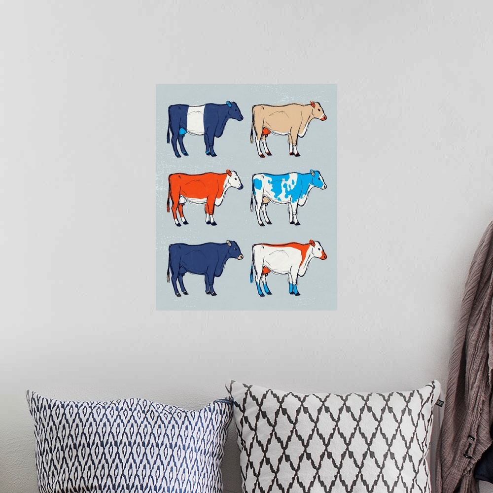 A bohemian room featuring A modern illustration of multi-colored cows on a grey backdrop.