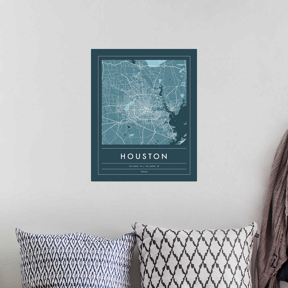 A bohemian room featuring Navy minimal city map of Houston, Texas, USA with longitude and latitude coordinates.