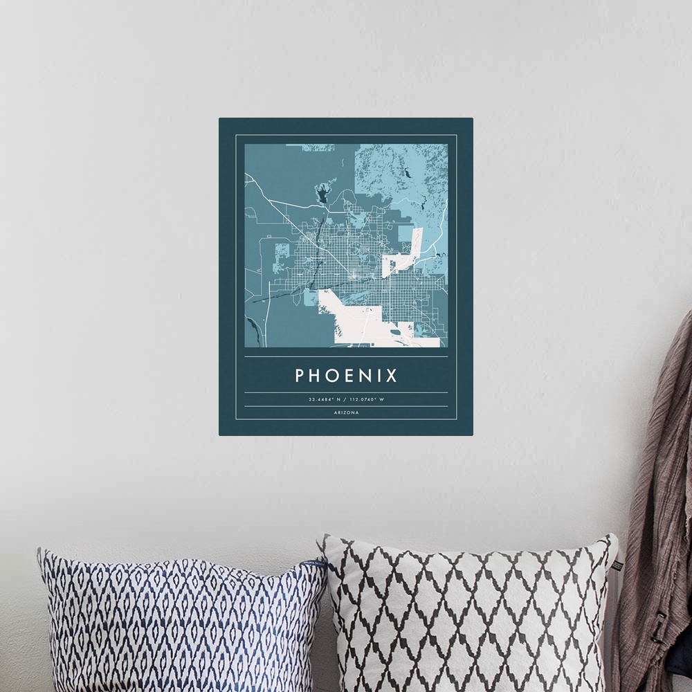 A bohemian room featuring Navy minimal city map of Phoenix, Arizona, USA with longitude and latitude coordinates.