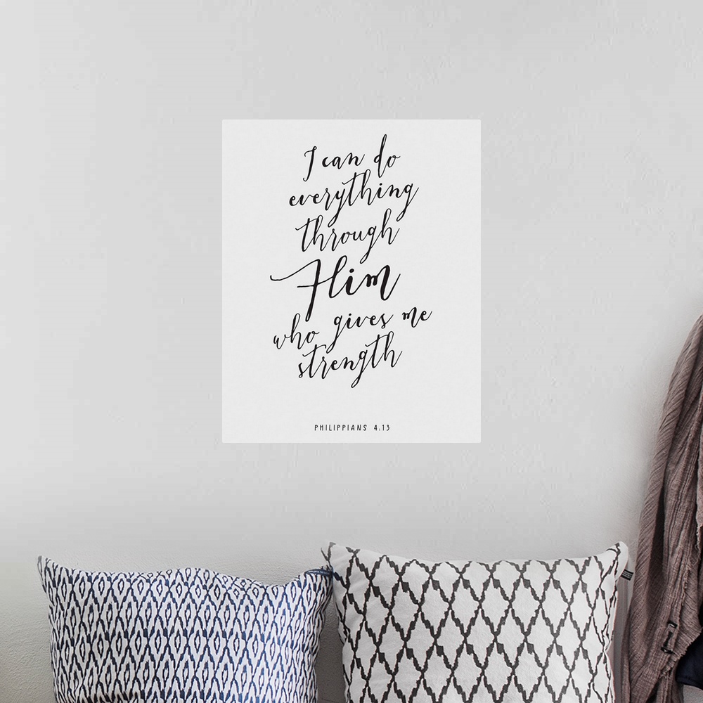 A bohemian room featuring Handlettered Bible verse reading He will be our peace.