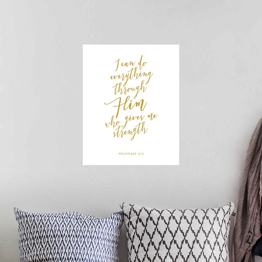 A bohemian room featuring Handlettered Bible verse reading I can do everything through Him who gives me strength.