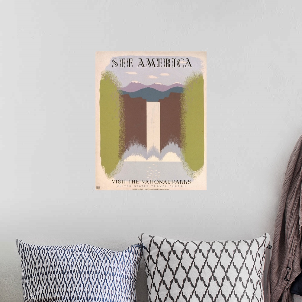 A bohemian room featuring See America, visit the national parks. Poster for United States Travel Bureau promoting travel to...
