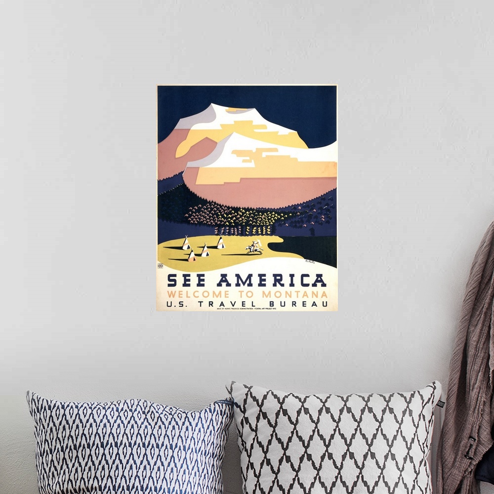 A bohemian room featuring See America, welcome to Montana. Poster for the U.S. Travel Bureau promoting tourism, showing clu...