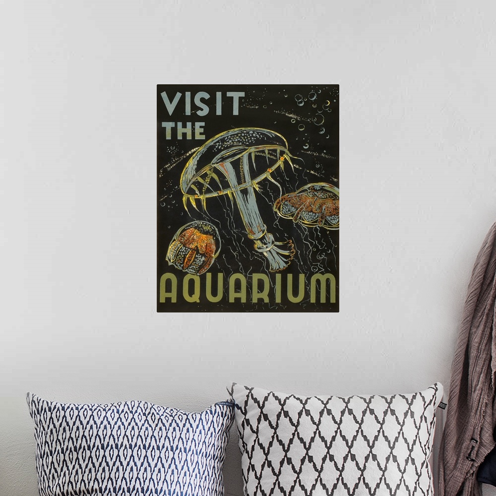 A bohemian room featuring Visit the aquarium. Poster promoting aquariums as places to visit, showing jellyfish. Library of ...