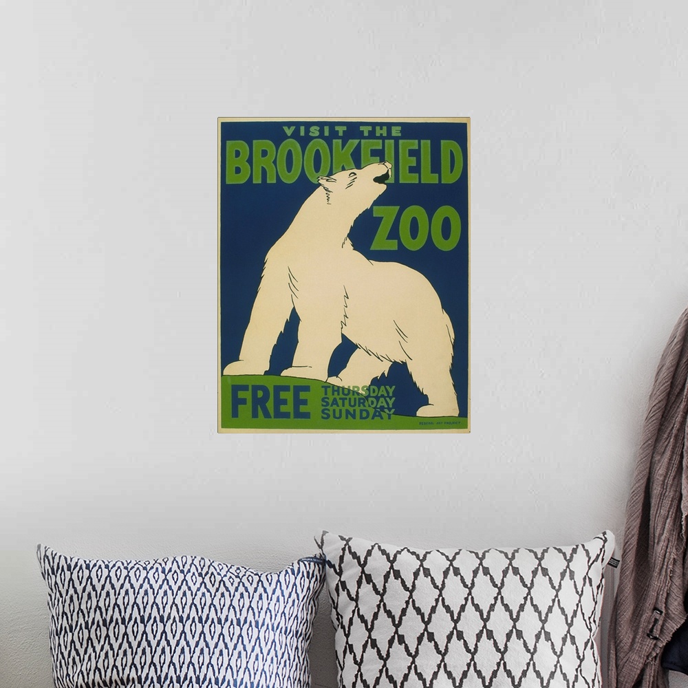 A bohemian room featuring Visit the Brookfield Zoo, free Thursday, Saturday, Sunday. Poster for the Brookfield Zoo announci...