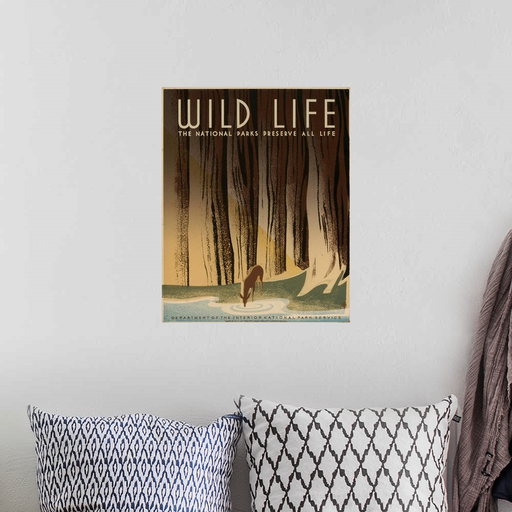 A bohemian room featuring Artwork for National Park Service, showing a deer drinking from a stream in the forest.