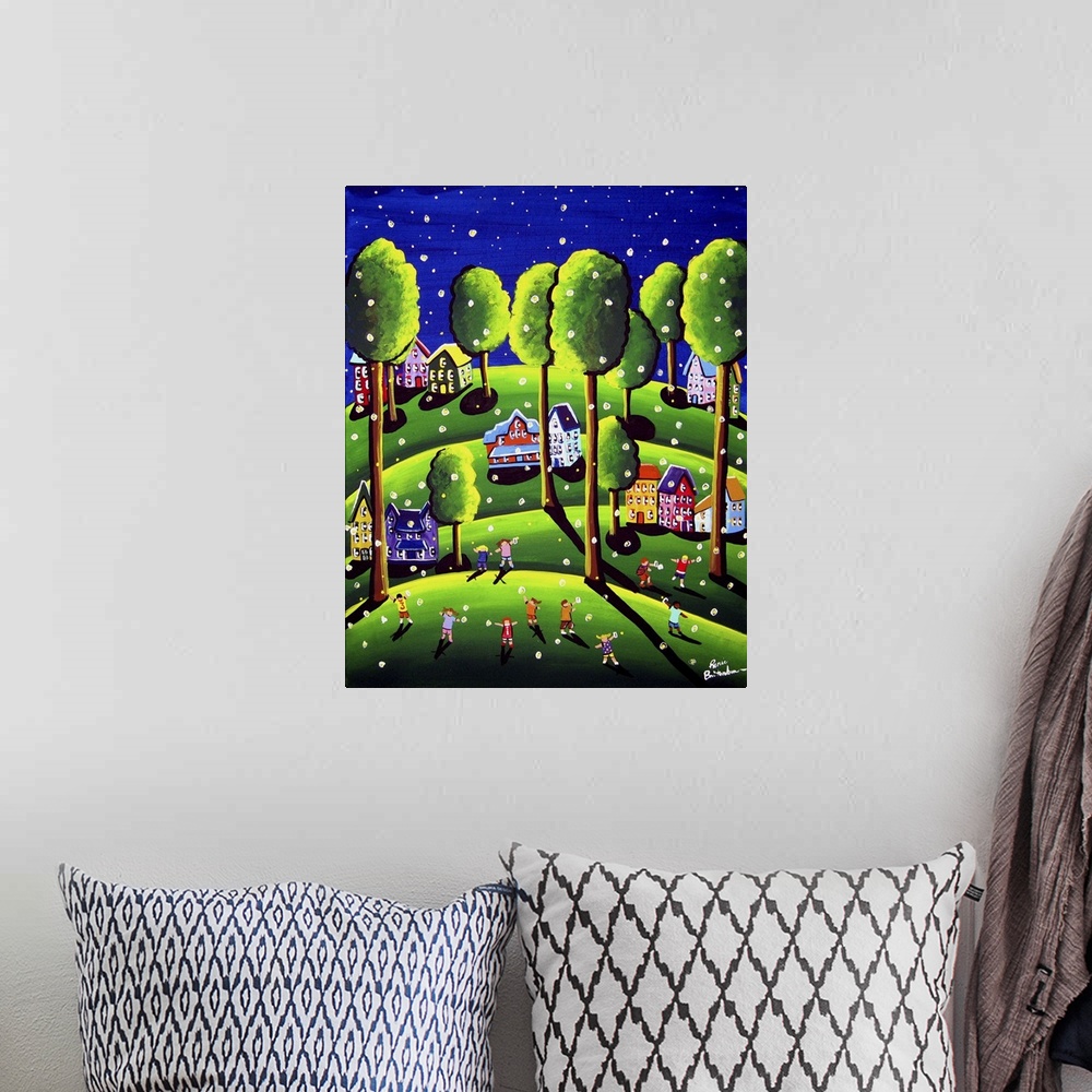 A bohemian room featuring Whimsical scene with children catching fireflies in front of the neighborhood houses.