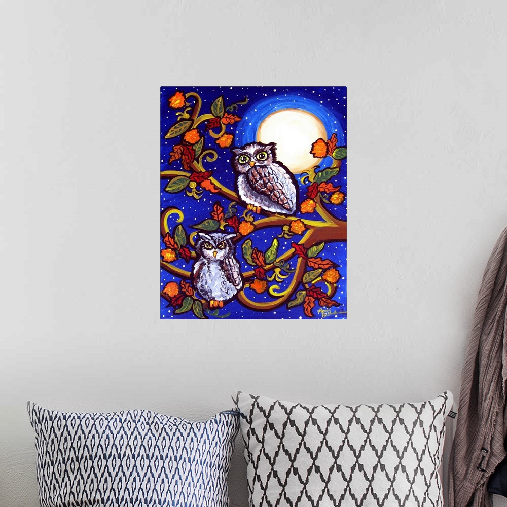 A bohemian room featuring Two owls sit among some fall leaves, in the moonlight.