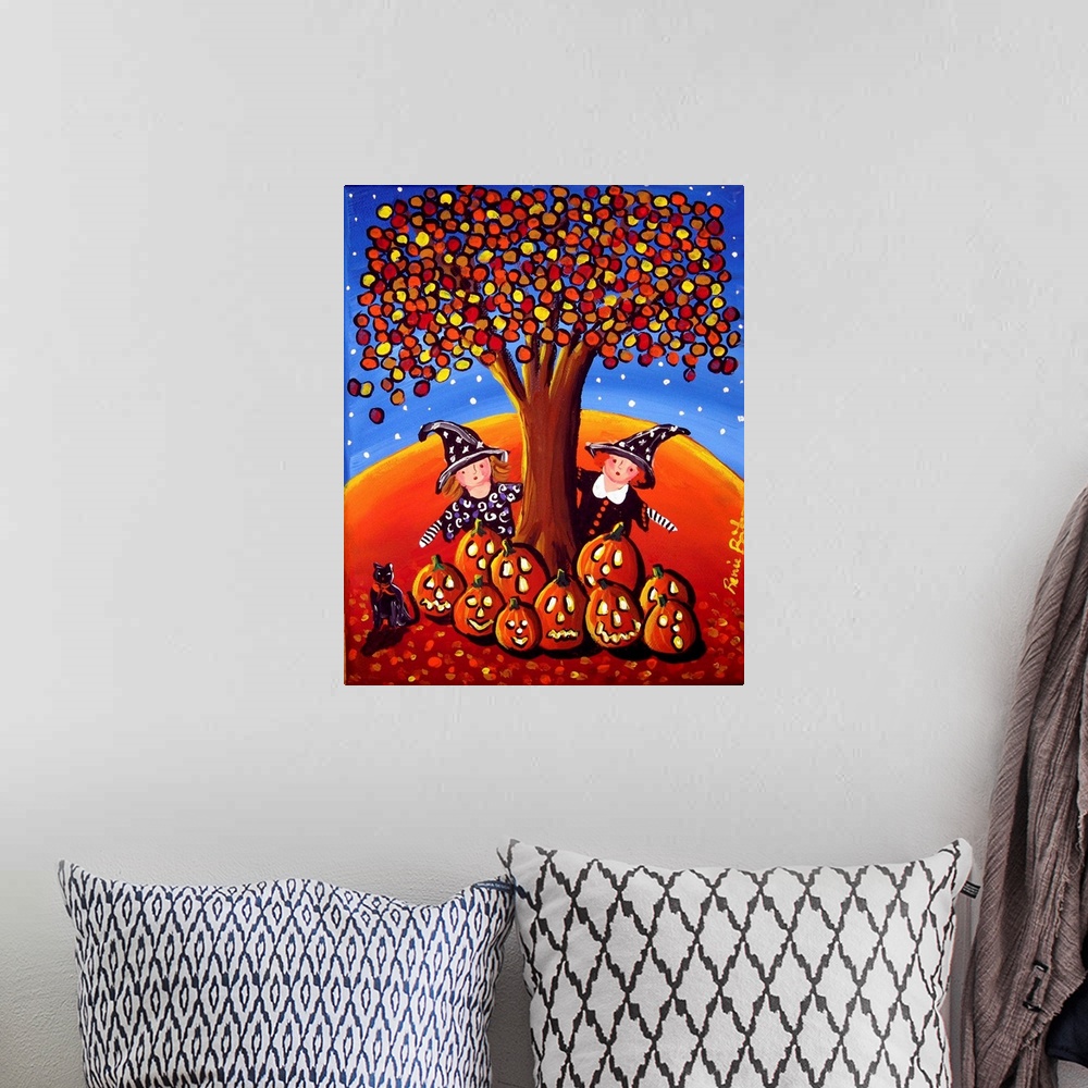 A bohemian room featuring Seasonal painting with two little girls dressed up as witches for Halloween hiding by an Autumn t...