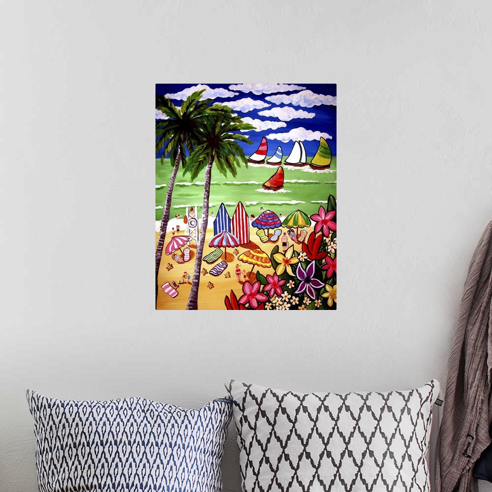 A bohemian room featuring Lots of color, activity, and fun in a beach scene with sailboats drifting by.