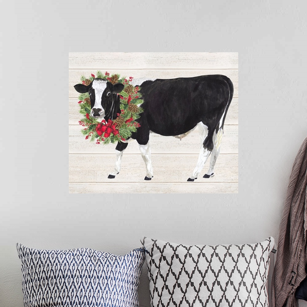 A bohemian room featuring Christmas on the Farm III Cow with Wreath