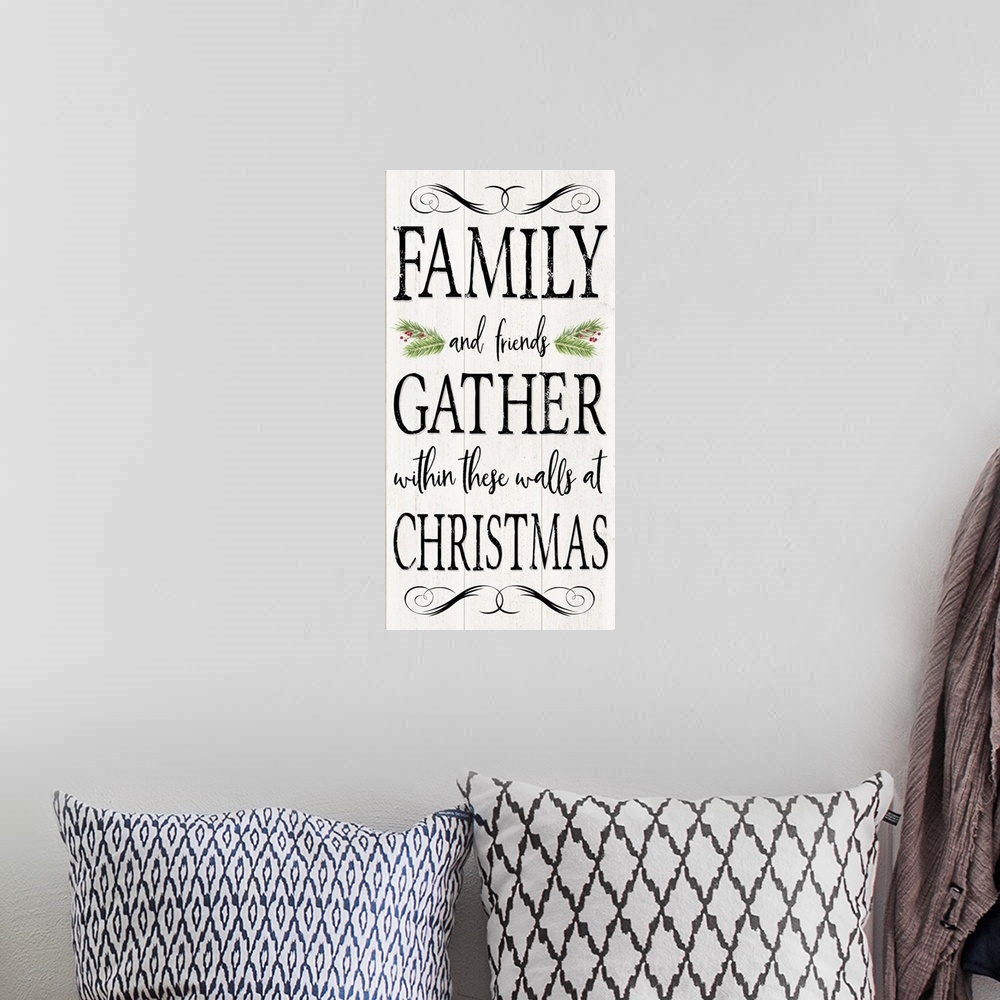 A bohemian room featuring Peaceful Christmas - Family Gathers vert black text