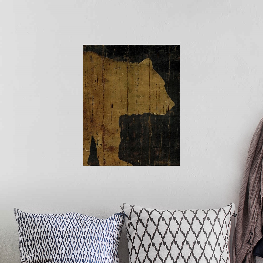 A bohemian room featuring A rustic decorative image of a bear in golden brown with a wood texture.