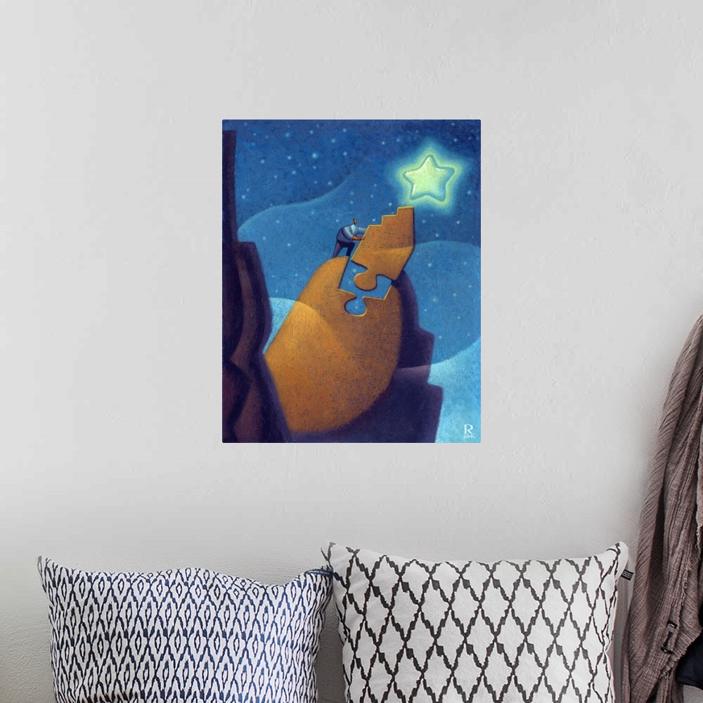 A bohemian room featuring Conceptual painting of a man climbing a mountain with the final puzzle piece put in place to reac...