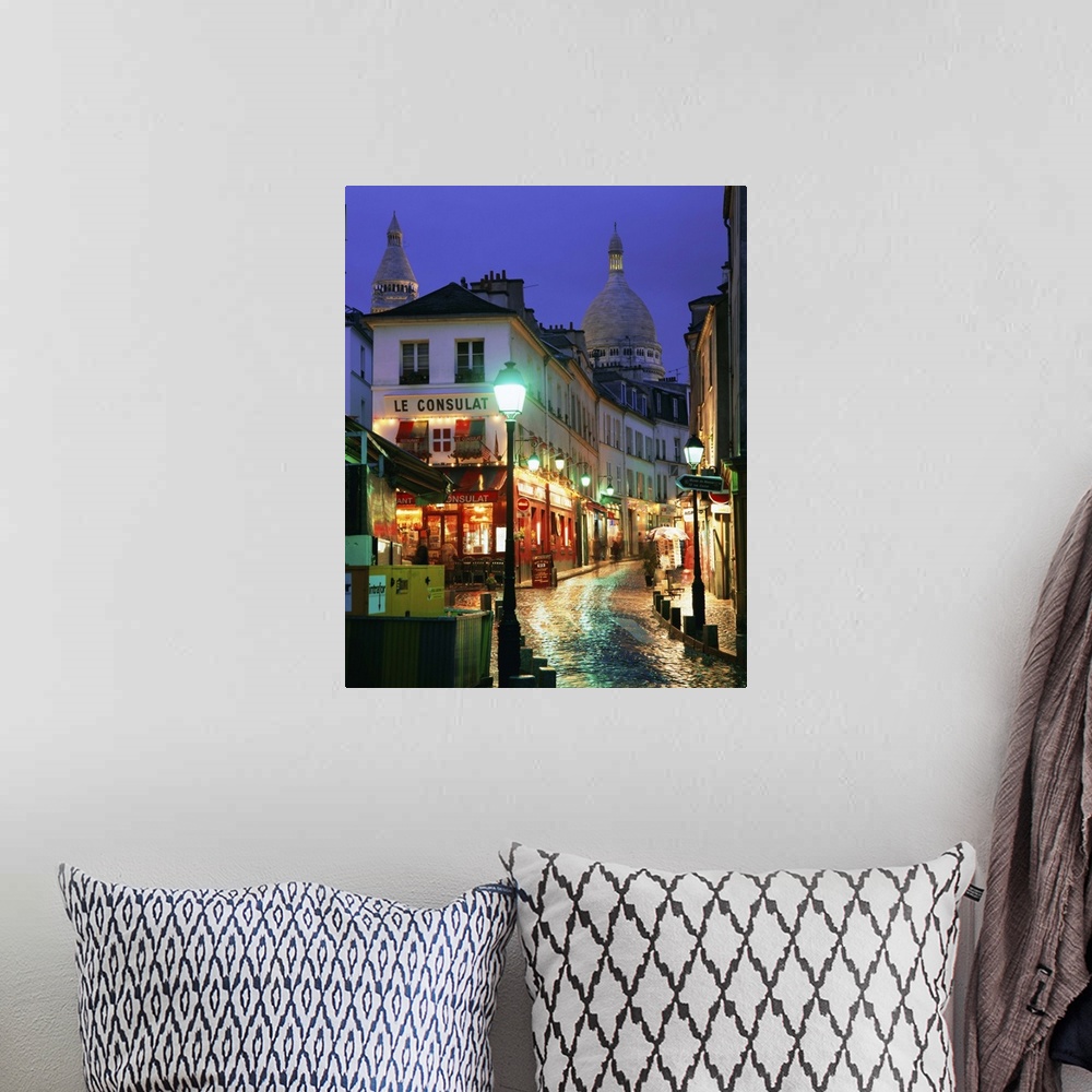 A bohemian room featuring Rainy street and dome of the Sacre Coeur, Montmartre, Paris, France