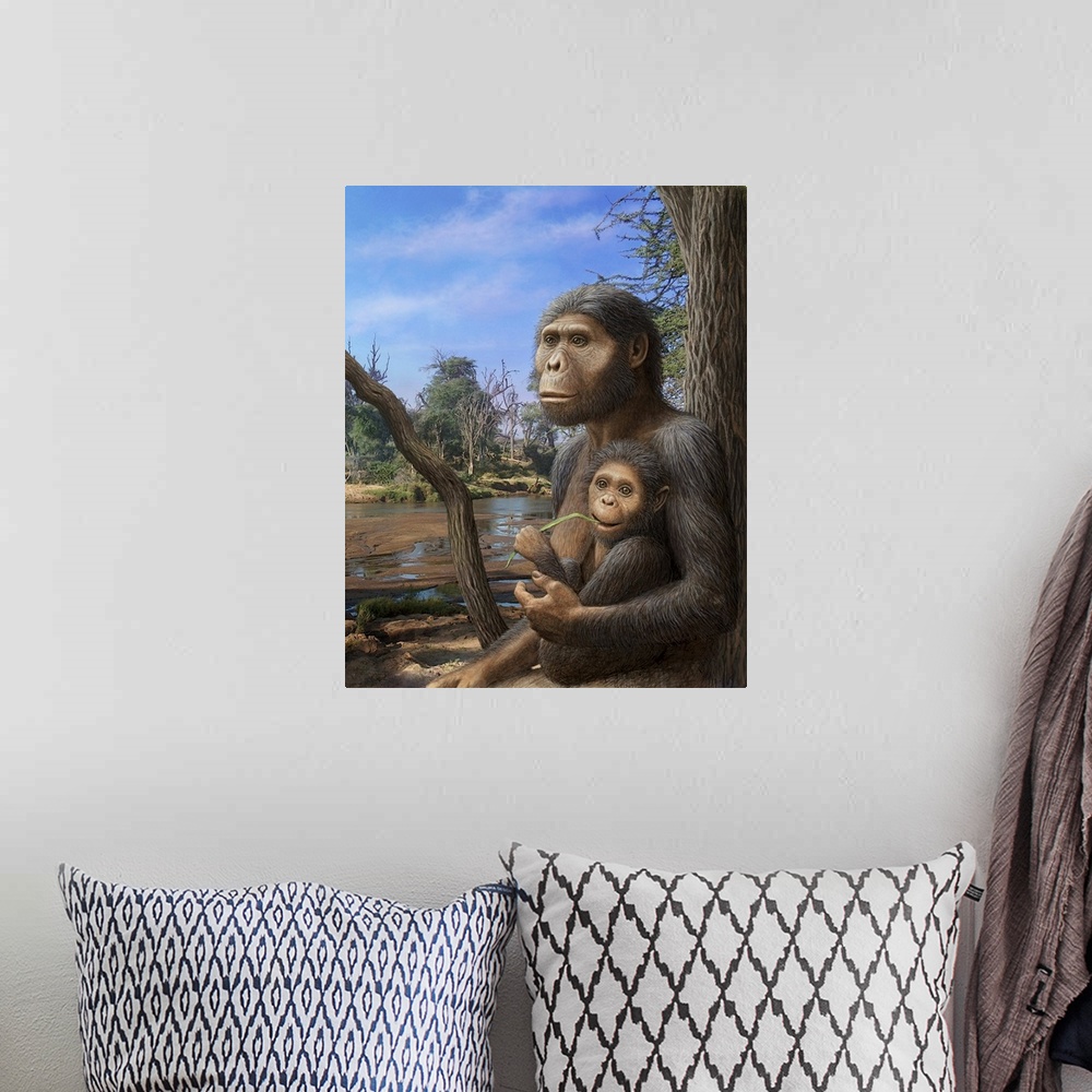 A bohemian room featuring Australopithecus afarensis. Artwork of a female Australopithecus afarensis hominid with her child...