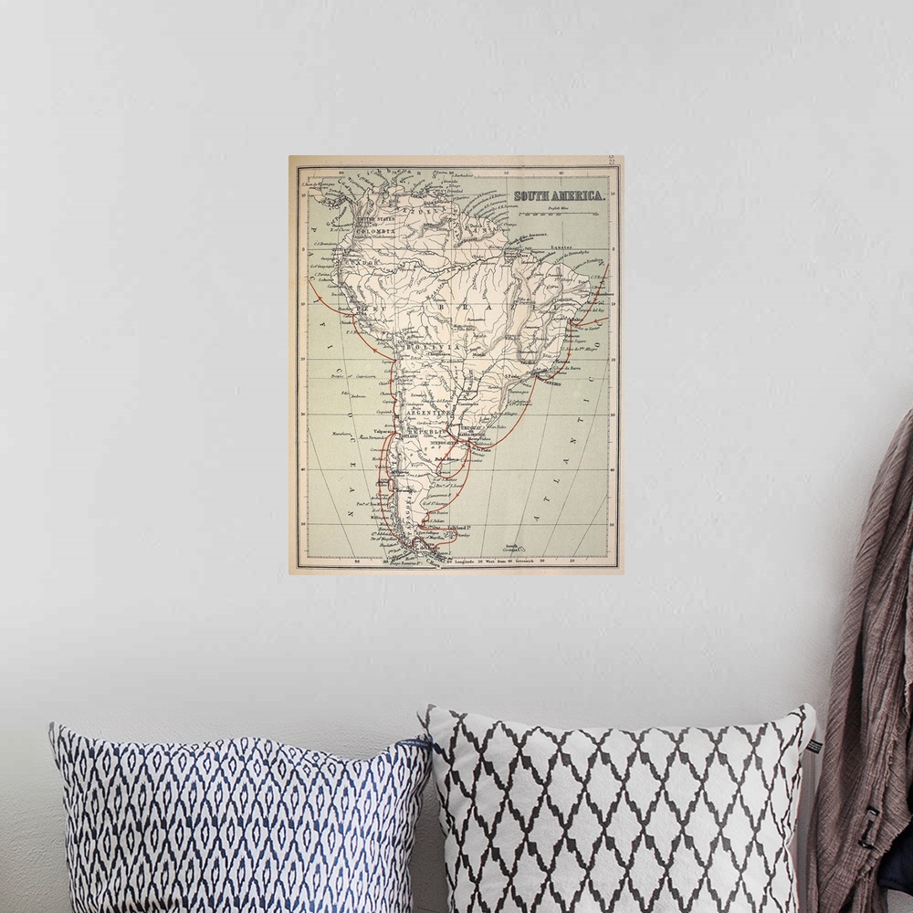 A bohemian room featuring Map of South America with Voyage of the Beagle coloured in red. Appendix from \The Voyage of HMS ...