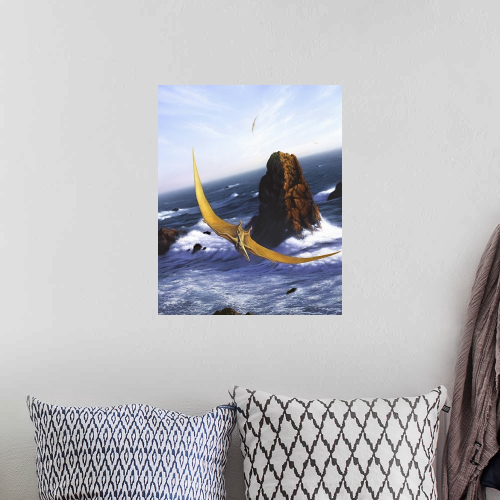 A bohemian room featuring A Pteranodon soars above the ocean and rocks.