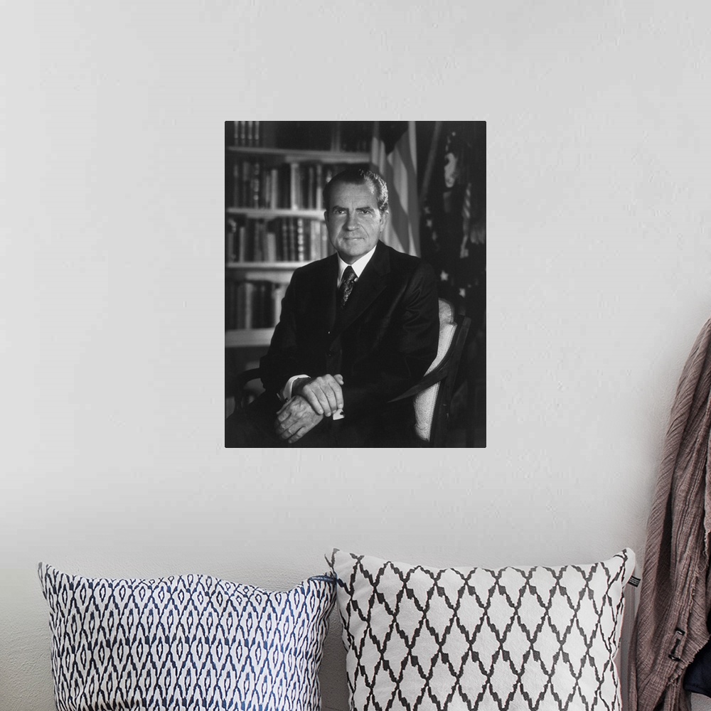 A bohemian room featuring American history portrait of President Richard Nixon.