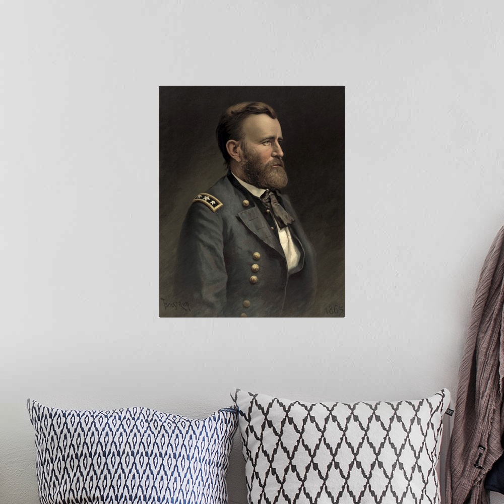 A bohemian room featuring Civil war painting of General Ulysses S. Grant.