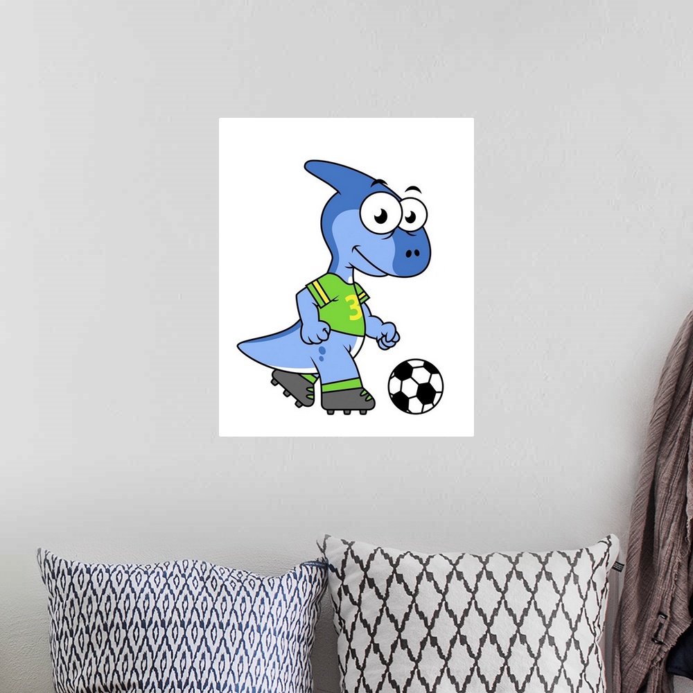 A bohemian room featuring Cute illustration of a Parasaurolophus playing soccer.