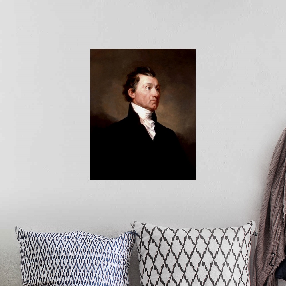 A bohemian room featuring Oil painting portrait of President James Monroe.