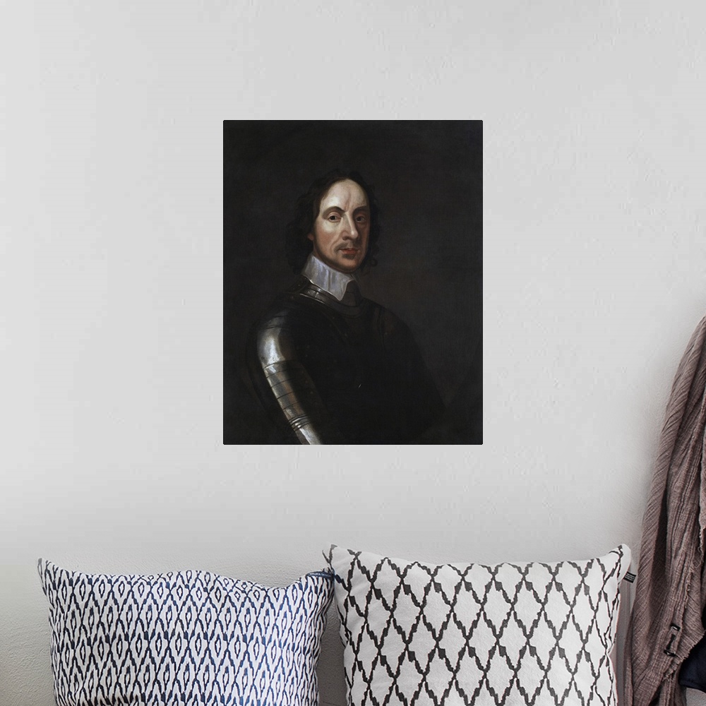 A bohemian room featuring Painted portrait of English Military and Political leader Oliver Cromwell.