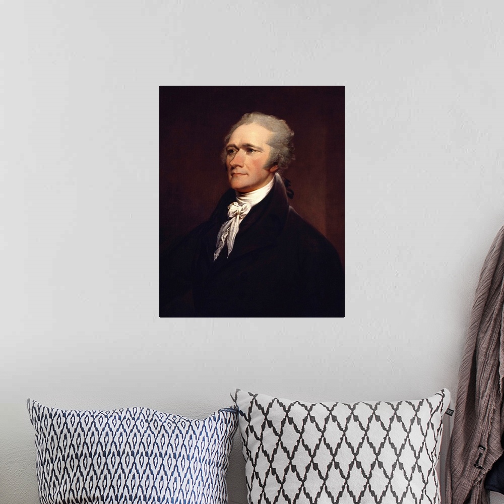 A bohemian room featuring Painting of founding father Alexander Hamilton.