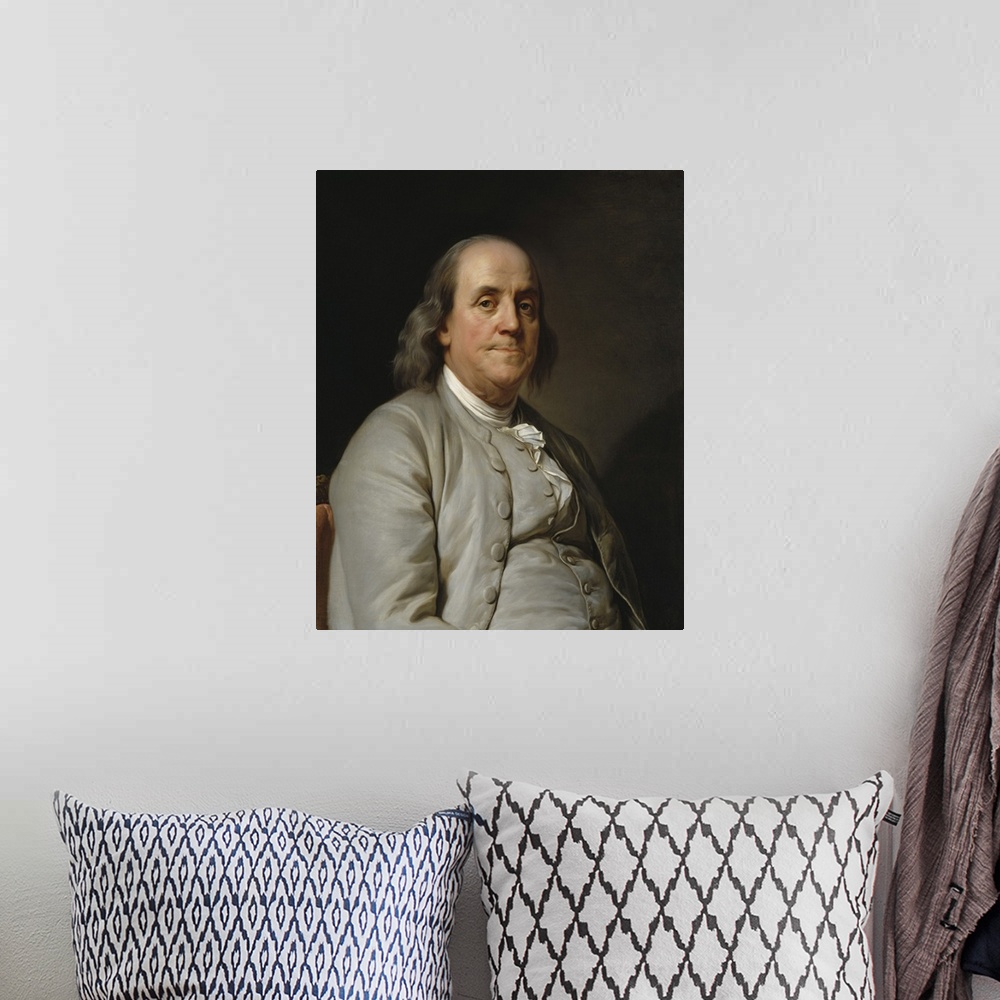 A bohemian room featuring Portrait painting of Founding Father Benjamin Franklin. Original by Joseph Duplessis, 1778.