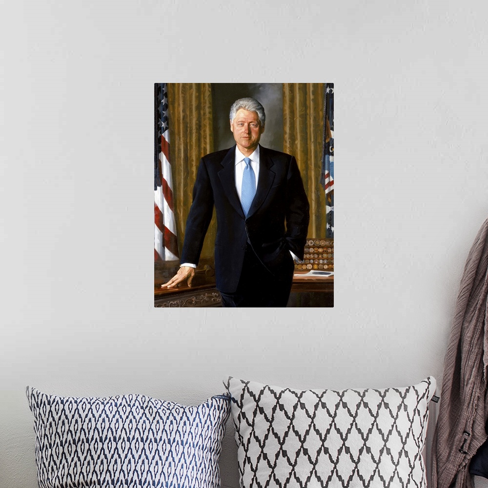 A bohemian room featuring Digitally restored American History poster of the Official White House painting of President Bill...