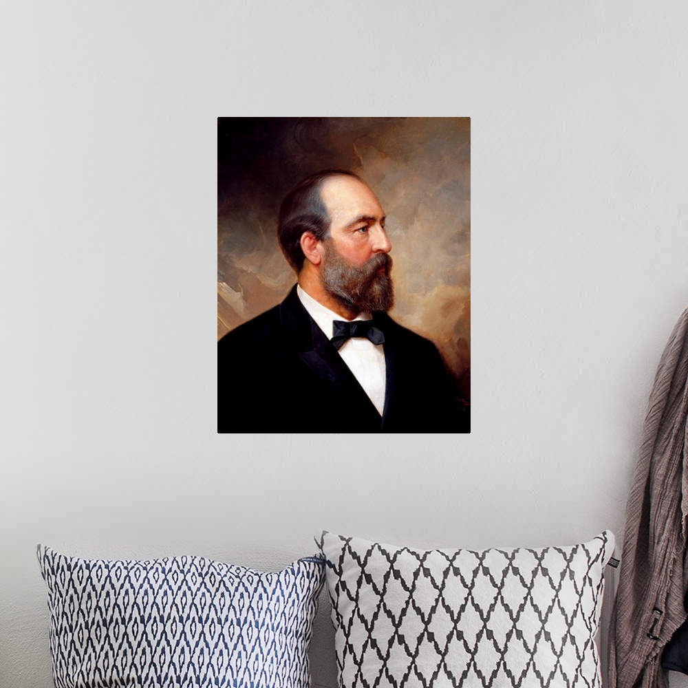 A bohemian room featuring Vintage American history painting of President James Garfield.