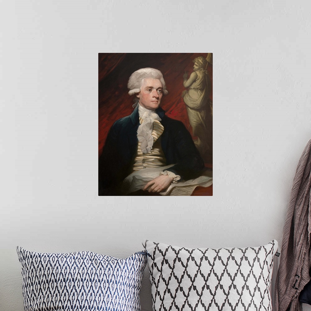 A bohemian room featuring Vintage American History painting of President Thomas Jefferson.