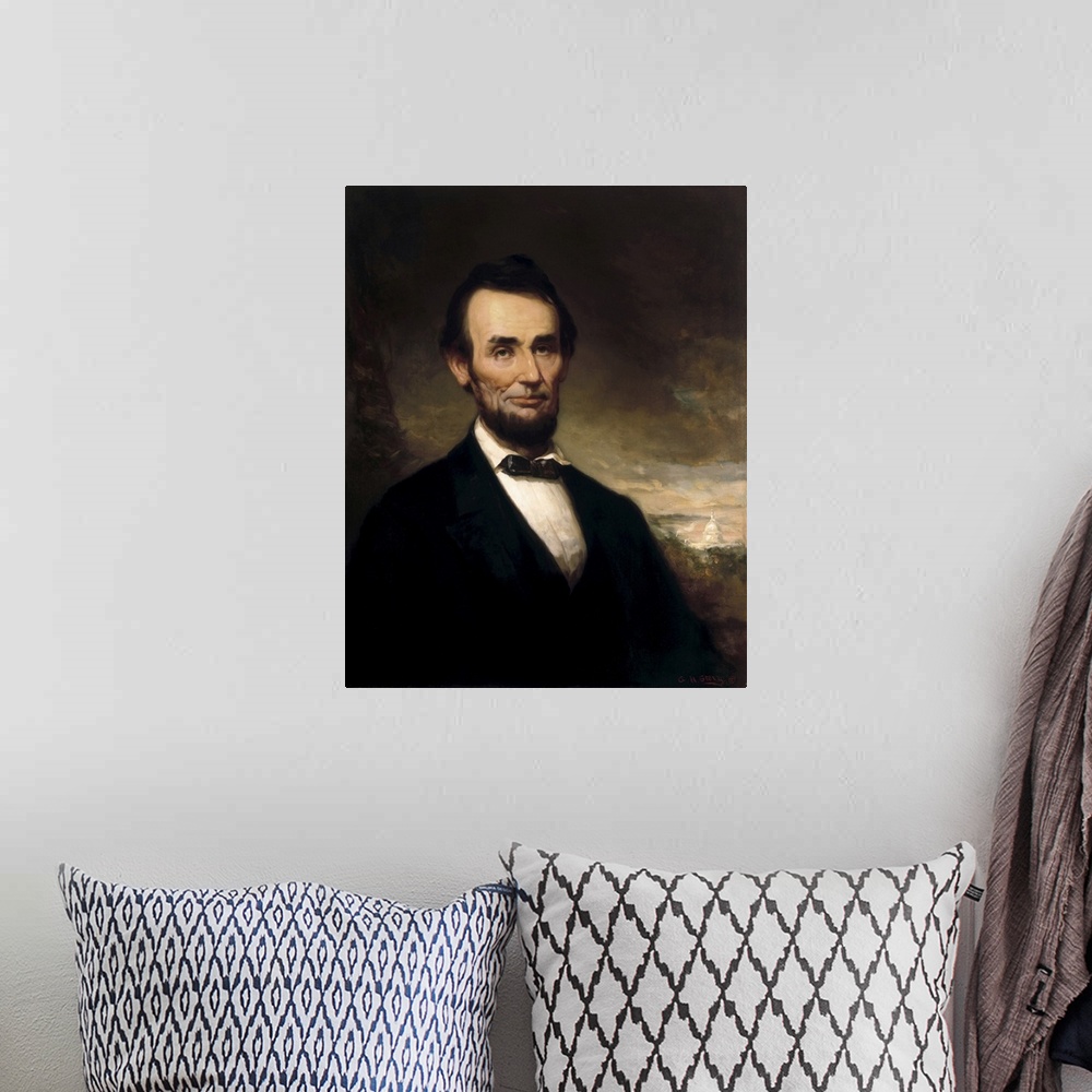 A bohemian room featuring Presidential portrait of the 16th U.S. President, Abraham Lincoln. Original painting by George He...