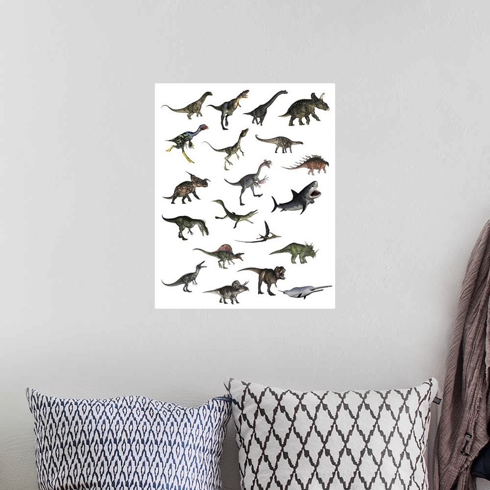 A bohemian room featuring Set of dinosaurs on a white background.
