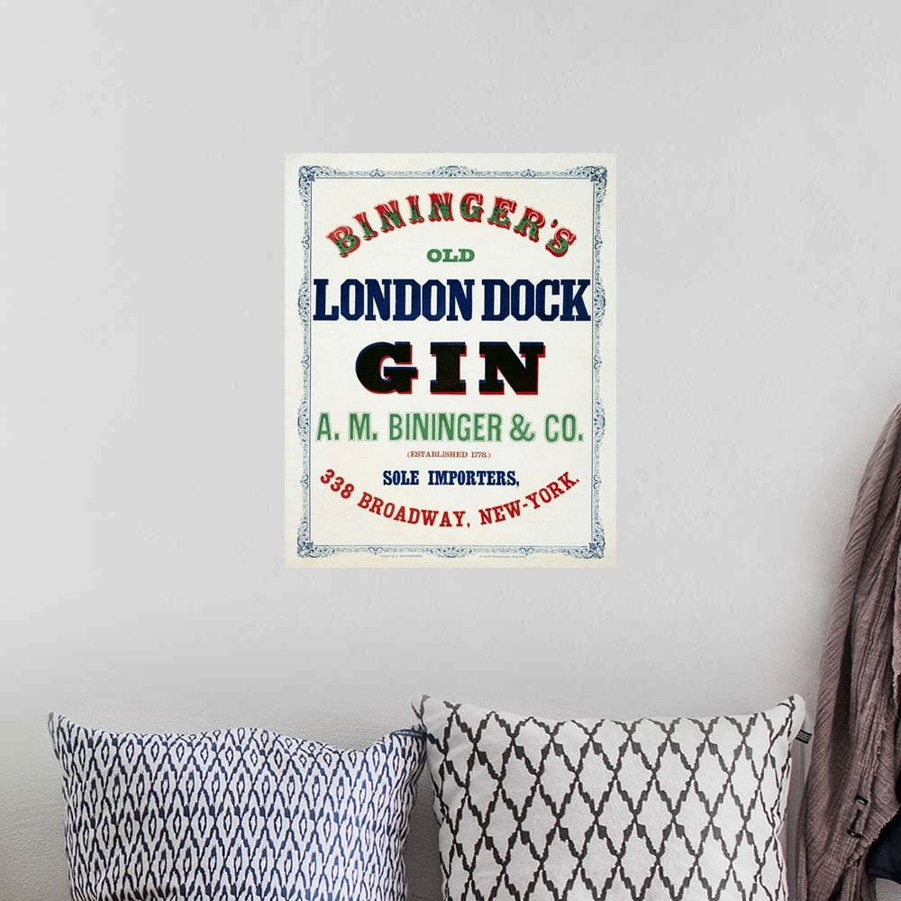 A bohemian room featuring Vintage Advertisement Fo Bininger's Old London Dock Gin, With A Scrollwork Border