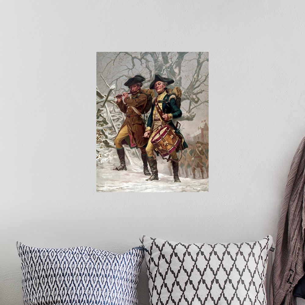 A bohemian room featuring Vintage Revolutionary War Print of American minutemen being led into battle by a drummer and a so...