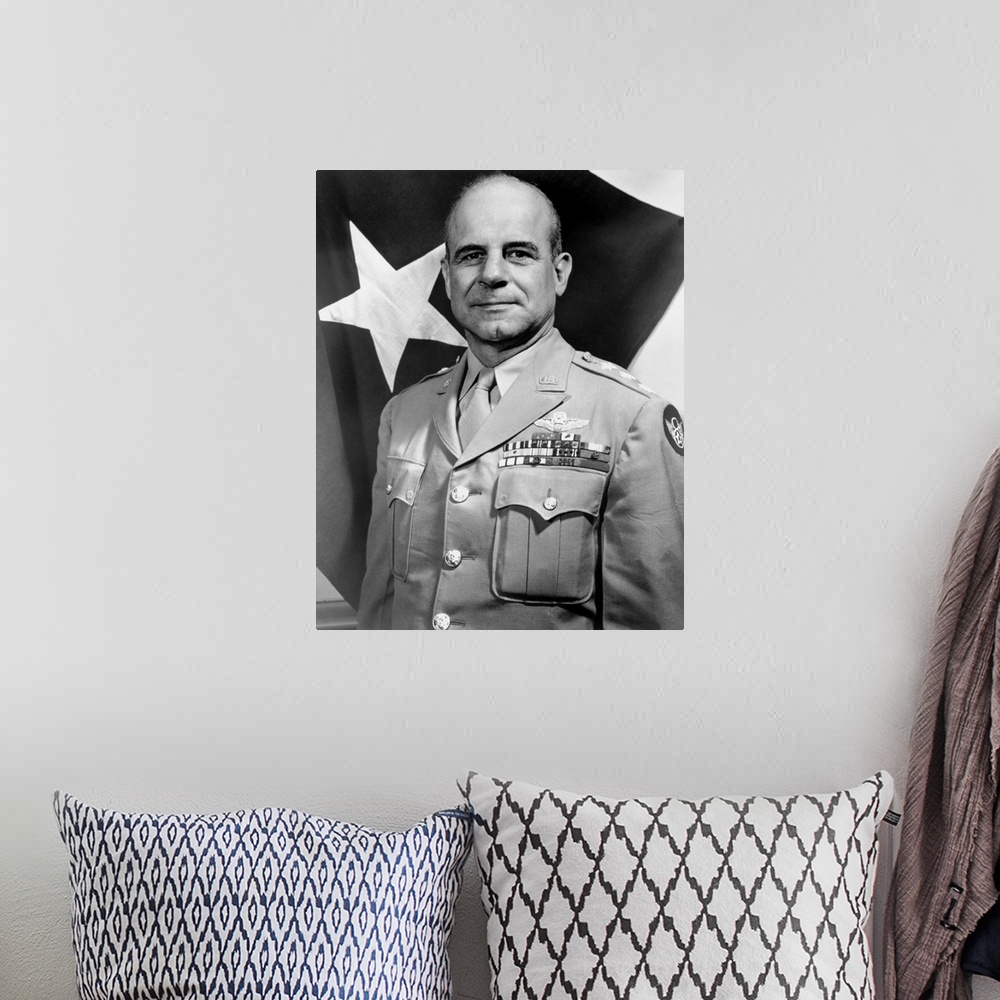 A bohemian room featuring Digitally restored vintage World War II photo of General James Doolittle.